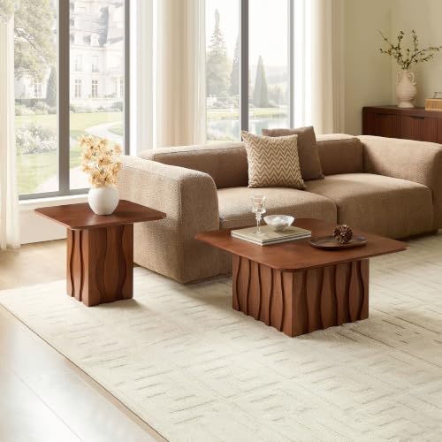 Nesting Coffee Table Set of 2 with Wavy Fluted Base, Brown | 31.5" & 21.65", 2PCS Center Tables, Square Tea Table, Easy to Assemble, Mid-Century Modern, for Living Room Office - color: 31.5" & 21.65" - Brown