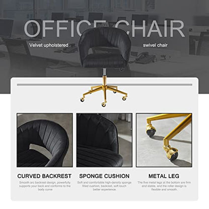Velvet Office Desk Chair, Upholstered Home Office Desk Chairs with Adjustable Swivel Wheels, Ergonomic Office Chair for Living Room, Bedroom, Office, Vanity Study (Black) - color: Black