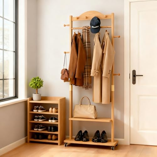Natural Solid Wood Coat Rack Freestanding with Wheels - Heavy Duty Clothes Rack with 2 Storage Shelves & 9 Hooks, Wooden Coat Rack Stand Hat Hanger Rack for Bedroom Entryway Living Room Hotel - color: Wood