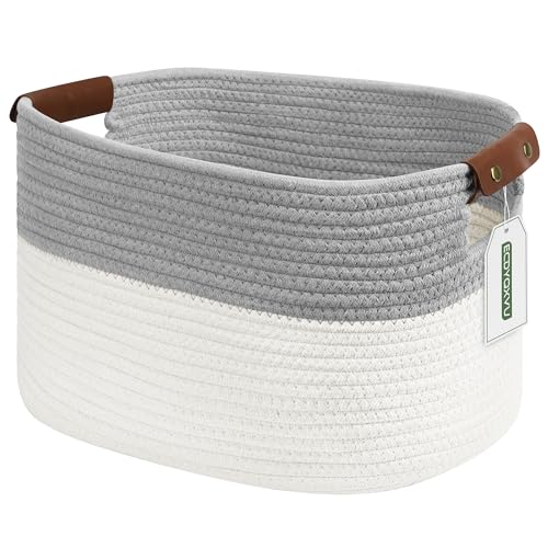 ECDYQXVU 15x10x9 Woven Cotton Rope Storage Basket, Leather Handles 1 Pack | Foldable Design, Sturdy PU Handles, Easy to Clean Organizer for Living Room, Closet, Shelves, Bedroom, Laundry, Clothes - color: White/Grey-1Pack, size: 1 Pack
