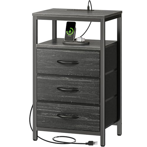 Huuger Nightstand with Charging Station, 27.6 Inch Bedside Table,Side Table | Night Stand with Fabric Drawers, End Table, Night Stand with Charger Station, Charcoal Black Wood Grain Print - color: Charcoal Black Wood Grain Print, size: 11.8"D x 15.7"W x 2