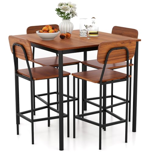 Giantex 5-Piece Dining Table Set W/Counter Height Table & 4 Bar Stools, Industrial Kitchen Dining Table Set W/Footrest & Backrest, Space-Saving Dinette Set for Pub, Dining Room, Restaurant (Walnut) - color: Walnut