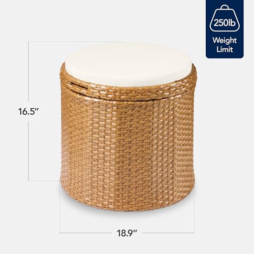 Best Choice Products Round Wicker Ottoman, Multipurpose Outdoor Furniture for Patio, Backyard, Additional Seating, Footrest, Side Table w/Storage, Removable Cushions – Natural/Ivory - color: Natural/Ivory