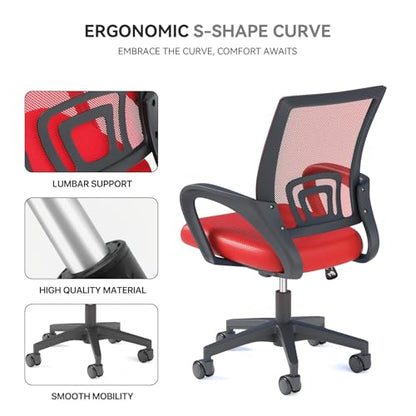 Office Chair, Ergonomic Mid-Back Mesh Desk Chair with Lumbar Support, Adjustable Height Computer Chair with Rolling Wheels Design,Comfy Armrest for Work, Study, Gaming, Red - color: Red