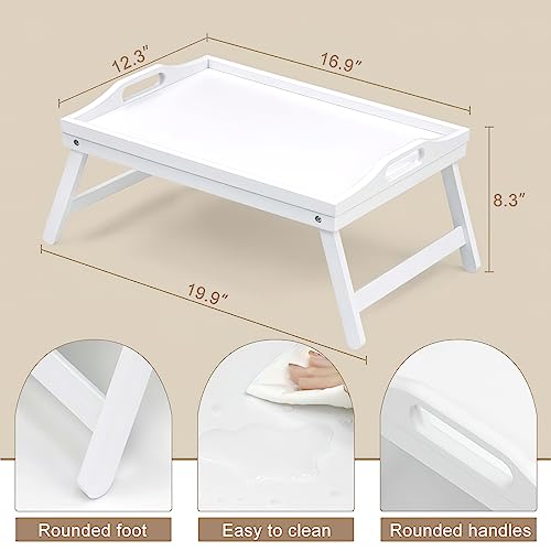 2 Pack Bed Tray Table Breakfast Trays Serving Tray Bamboo Bed Laptap with Folding Legs Handles and Phone Holders - color: White 2 Pack
