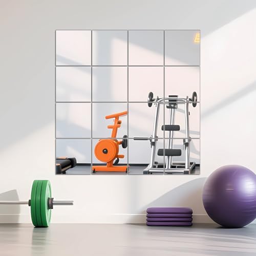Ruomeng Home Gym Mirrors 12" x 12" x 16Pcs Wall Mounted Mirror Glass Frameless Full Length Mirror Tiles for Home Gym, Bedroom, Door & Bathroom | Workout Mirror Tiles for Garage, Bedroom, Living Room, Over The Door, Frameless Mirror Sets - size: 12"x12"-16