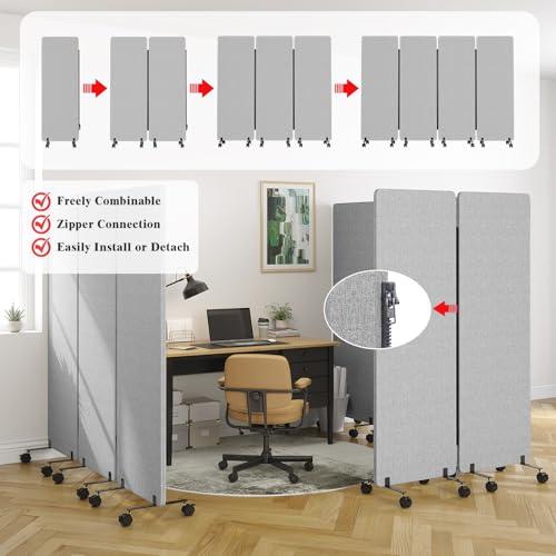 4 Panel Soundproof Room Divider W/Wheels, Office Divider with Whiteboard | 66" H with Detachable Whiteboard/Clips/Hooks/Pushpins,Wheeled Room Dividers, Easy to Move,For Conference Room Partitions - color: Grey, size: 4-Panel-with Board
