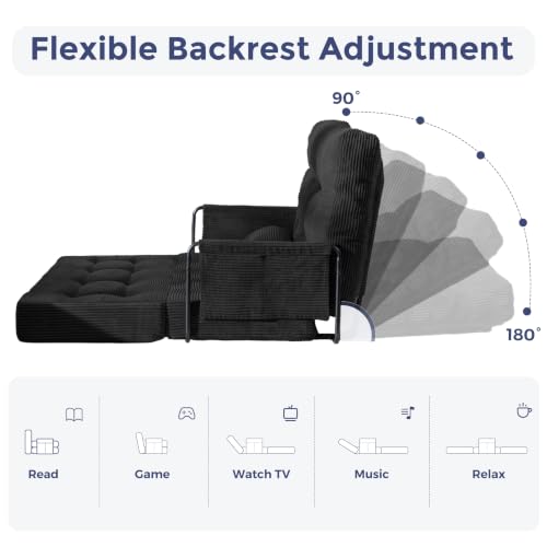 MAXYOYO Adjustable Folding Sofa Bed Couch with 2 Pillows, Black | Multi-Functional Bean Bag Bed, 5-Position Foldable Lazy Floor Sofa Bed with Armrest, Versatile Floor Seating for Reading - color: Black