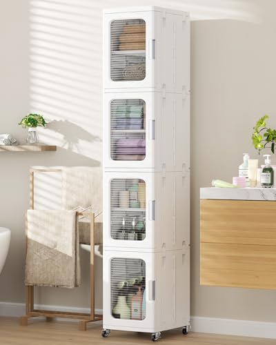 BROVIEW 4-Tier Tall Narrow Storage Cabinet Organizer, Slim Bathroom Cabinets with Adjustable Shelves and Doors, Plastic Kitchen Pantry Organizers and Storages for Small Space, Laundry, White - color: White, size: 4-Tier-9.6"W