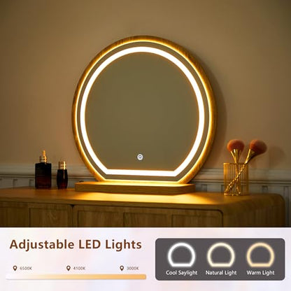 Vanity Desk with Mirror and Lights, Modern Wood Wave Panel Vanity Desk Set Makeup Table with Drawers and Cabinet, Dressing Table with Storage for Bedroom, Natural - style: Natural