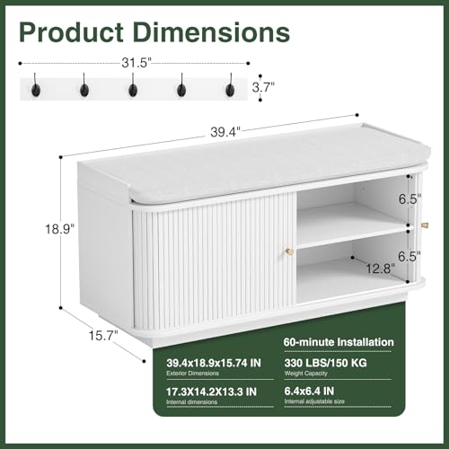 Hall Tree with Bench and Shoe Storage, Entryway Bench with Sliding Door Cabinet, Removable Padded, Metal Wall Hooks and Adjustable Storage Compartments, for Entry, Hallway, Living Room, White - color: White