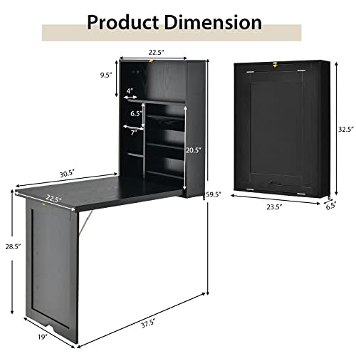 Wall Mounted Desk, Wood Collapsible Floating Desk, Convertible Computer Desk with Storage Area, Hanging Fold Out Table for Home Office, Small Spaces (Black) - color: Black
