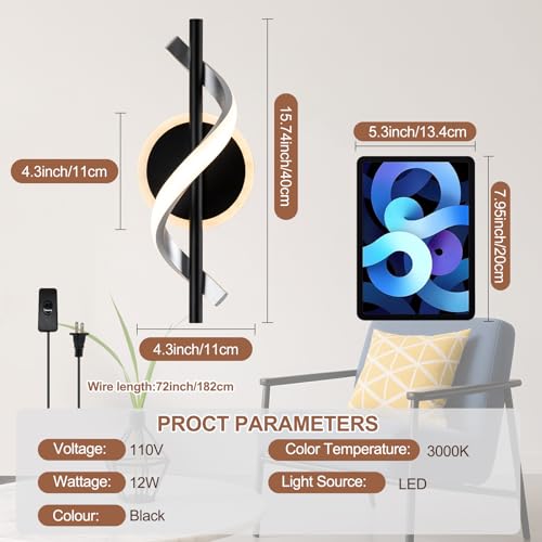 Black Plug in Wall Sconces Sets of 2, 12W Modern Spiral LED Wall Lamp, 3000K Warm White Wall Light Fixture for Stairs Living Room Bedroom Aisle Hallway - color: Black-Warm White