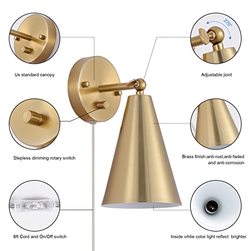 MWZ Gold Wall Sconces Set of Two Plug in,Brass Modern Dimmable Sconces Adjustable Angle Lights with Metal Shade and Dimmer On/Off Rotary Switch, Wall Mounted Light for Bedroom Bedside Stairway - color: Gold-Plug in
