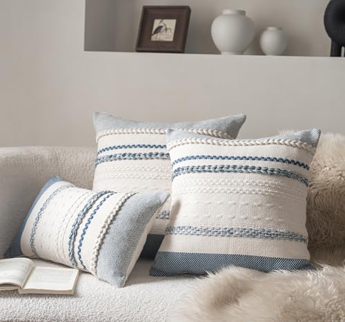 Cethom Boho Throw Pillow Covers 18x18 Inch Set of 2, Blue Textured Decorative Couch Pillow Cases for Farmhouse Home Decor, Accent Cushion Cover for Sofa, Bed, Living Room, Bedroom - color: Blue, size: 18" x 18" (Pack of 2)