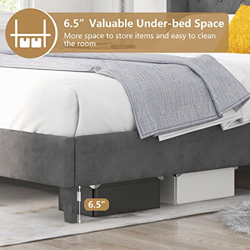 Upholstered Queen Bed Frame w/Wood Slats & Noise-Free EVA Foam | Velvet Mattress Foundation, Button Tufted Wingback Headboard, No Box Spring Needed, Low Platform Bed Frame - size: Queen (U.S. Standard)