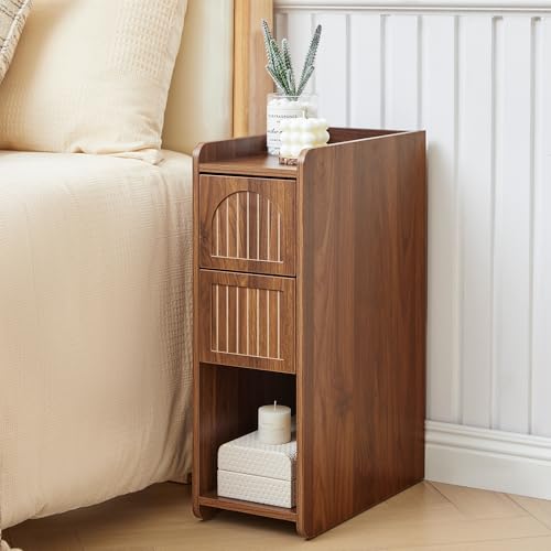 Narrow Nightstand Set of 2, Wooden Small 2 Drawer Nightstand, Slim Side End Table, Skinny Bedside Table, Mid Century Modern Night Stand with Drawers for Bedroom (Deep Walnut-2 pcs) - color: Deep Walnut-2 Pcs