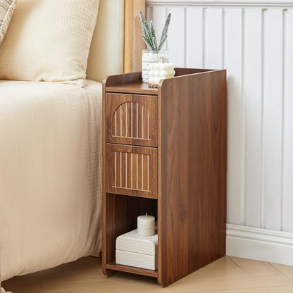 Narrow Nightstand Set of 2, Wooden Small 2 Drawer Nightstand, Slim Side End Table, Skinny Bedside Table, Mid Century Modern Night Stand with Drawers for Bedroom (Deep Walnut-2 pcs) - color: Deep Walnut-2 Pcs