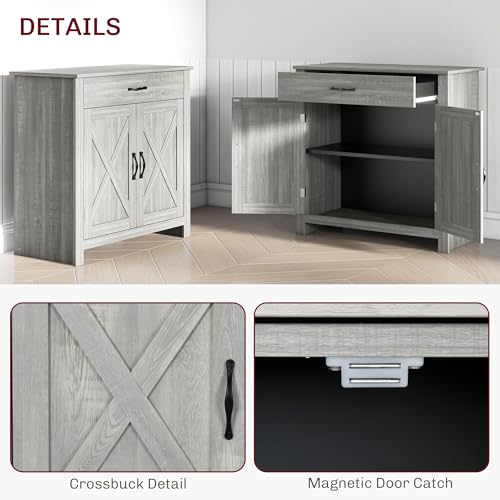 HOMCOM Farmhouse Sideboard Buffet Cabinet Barn Door Gray | Coffee Bar Cabinet, Drawer, Adjustable Shelf, Kitchen, Living Room, Entryway - color: Stone Gray