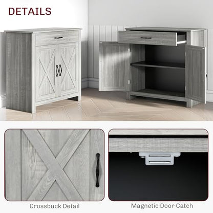 HOMCOM Farmhouse Sideboard Buffet Cabinet Barn Door Gray | Coffee Bar Cabinet, Drawer, Adjustable Shelf, Kitchen, Living Room, Entryway - color: Stone Gray