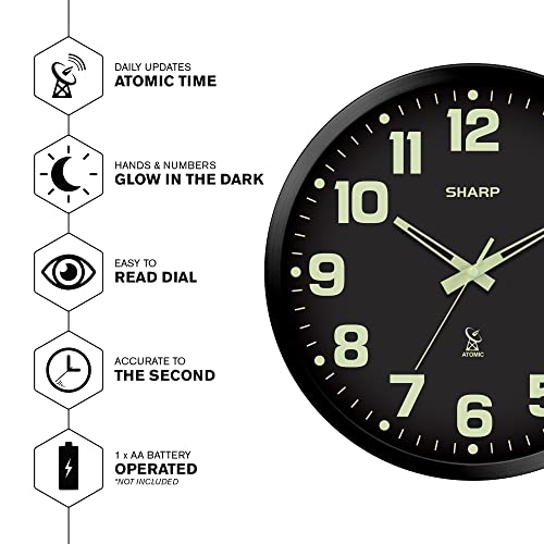 Sharp 12-Inch Atomic Wall Clock, Battery Operated, Glow in Dark | Self-setting atomic time; Easy-read analog face; Automatic time adjustment; Simple setup; Versatile home or office style - color: Black/Glow in Dark, size: Large