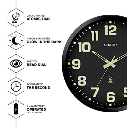 Sharp 12-Inch Atomic Wall Clock, Battery Operated, Glow in Dark | Self-setting atomic time; Easy-read analog face; Automatic time adjustment; Simple setup; Versatile home or office style - color: Black/Glow in Dark, size: Large