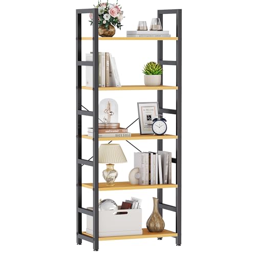 DUMOS 5-Tier Bookshelf, Modern Tall Bookcase Book Shelf | Open Storage Display Shelf for Living Room, Bedroom, Home Office, Narrow Standing Shelving Unit for Books, CDs, Décor Wood - color: Natural Wood, size: 5 Tier