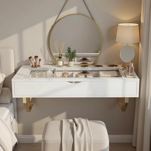 Floating Makeup Vanity Table, 31 inch Wall Mounted Desk for Bedroom, White | Floating Nightstand, Dressing Table with Drawer, Writing Desk, Saves Floor Space and Keeps Items Organized