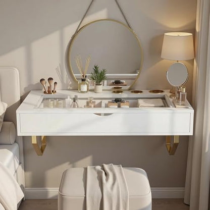 Floating Makeup Vanity Table, 31 inch Wall Mounted Desk for Bedroom, White | Floating Nightstand, Dressing Table with Drawer, Writing Desk, Saves Floor Space and Keeps Items Organized