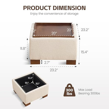 WUTUTUEE 24" Square Ottoman Coffee Table with Storage, Boucle Ottomans with Tray and Solid Wood Legs for Living Room, Bedroom and Apartments, Small Modern Ottoman Tea Table with Lift-Off Lid, Beige - color: 24'' Beige Boucle
