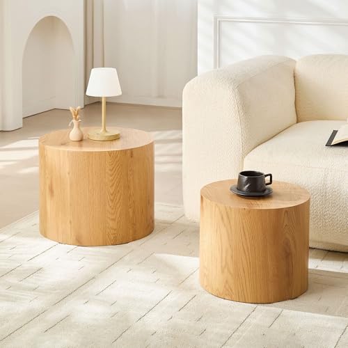 Round Nesting Coffee Table Set of 2, Modern Wooden Coffee Tables Circle Center Table for Small Space Accent End Side Table for Living Room Bedroom, No Assembling (Natural) - color: 18.9" Wooden Color
