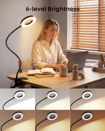 Clip on Light 5W Desk Lamp, Eye Caring Reading Light for Bed | 3 Colors & 6 Brightness, 48 LED Beads, 360° Flexible Metal Gooseneck,Black - color: Black