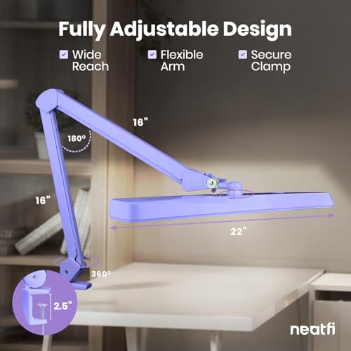 Neatfi XL 2,500 Lumens 30W LED Task Lamp for Manicure Table, Crafts, Workbench, Office – 22” Wide Shade Desk Light | Eye-Caring 6500K | 4-Level Brightness (Lavender, Non-CCT with Clamp) - color: Lavender