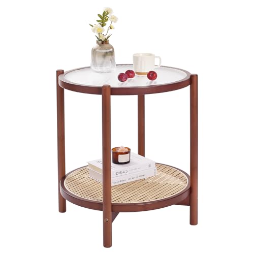 Walnut Rattan End Table with Storage, Bamboo Glass Top Side Table | Open Storage Keeps Books and Decor Organized, Coordinated Pieces Fit Beside Sofas or Beds in Living Rooms and Bedrooms - color: Round Table-s-brown