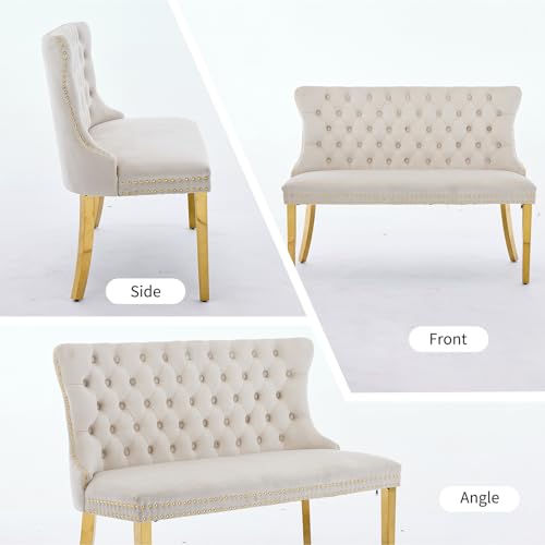 Beige Velvet Dining Bench with Back, Tufted Banquette Seating, Gold Legs | Upholstered loveseat bench; tufted back; nailhead trim; 500 lb capacity; foam and spring seat; dining room or entryway - color: Beige(gold Stainless Steel Legs)