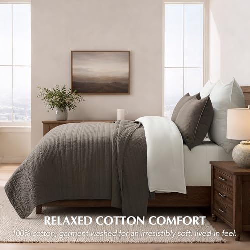 EVERGRACEHOME 100% Cotton Modern Lines Quilt Set King Size, Mushroom Brown | Pre-Washed Soft Cotton, Striped Coverlet Bedspread, 3 Piece Lightweight Bedding Set for All Season, with 2 Pillow Shams - color: Mushroom Brown, size: King (108" X 92")