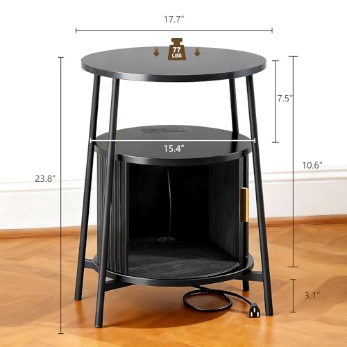 DHH Round End Tables Set of 2 & Charging Station, Fluted Accent Side Table with Sliding Door, Mid-Century Modern Nightstand Set of 2 for Small Space Storage, Living Room, Bedroom,Sofa Couch(2, Black) - color: Black