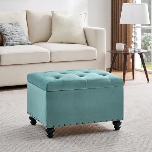 Zihanhome Velvet Storage Ottoman Bench, Button Tufted Ottoman with Hidden Storage, Upholstered Foot Rest Stool with Solid Wood Legs for Living Room, Bedroom, Entryway & Small Spaces (Mint Blue) - color: Velvet-mint Blue