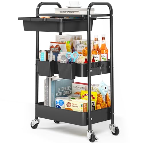 KINGRACK 3 Tier Metal Rolling Cart with Drawer, Black Utility Storage Cart | 2 Cups & 4 Hooks, Lockable Wheels, Trolley Organizer for Bathroom, Kitchen, Office, Nursery, Dorm, Laundry, Craft Room - color: Black