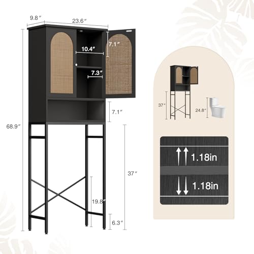 Rattan Toilet Storage Cabinet, Over The Rack Wood Cabinet with Metal Stand, Bathroom Organizer with Adjustable Shelf, Tall Freestanding Washer Shelf, Small Cupboard, Space Saver, Natural style, Black - color: Rattan Door-black