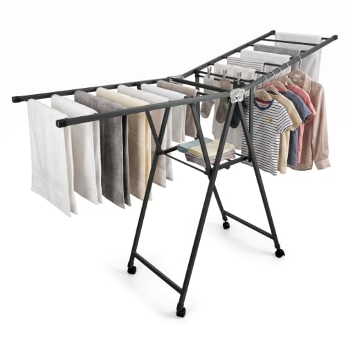 Clothes Rack, 2-Tier Drying Hanger, for 20 Pieces+, Foldable and Space Saving, Portable, Indoor or Outdoor Use, Solid Metal Clotheshorse, Nice for Mum, Gray (1.6 m Wing Length) - size: 2 Tiers_1.6m (Wing)