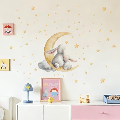 Easter Bunny Peel & Stick Wall Decals, Moon & Stars Wall Stickers | removable. Cute bunny with moon & stars. Ideal for bedroom, nursery, living room. - color: Easter Cute Bunny Wall Decals