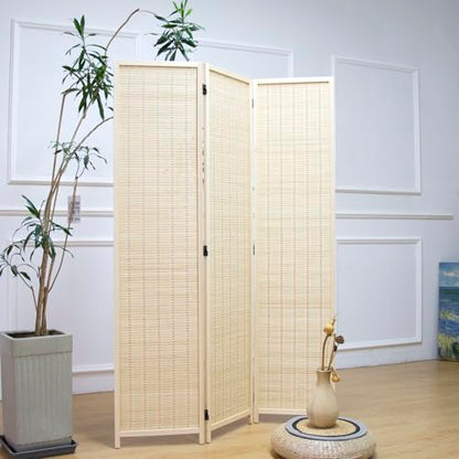 3 Panel Room Divider and Folding Panel Screen,Bamboo Panel Divider Screen for Room Separation,Beige,67" H x 46" W - color: Beige, size: 3 Panel