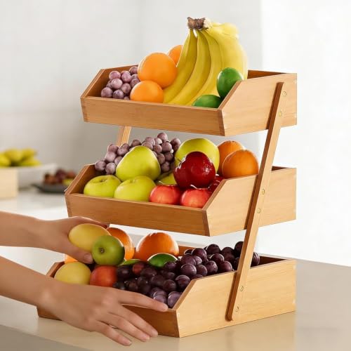 Simple Trending 3-Tier Natural Bamboo Fruit & Vegetable Basket Organizer, Ventilated Countertop Kitchen Storage with 2 Removable Banana Hooks, Sturdy for Fruits, Veggies, Snacks, Bread, Easy Assemble