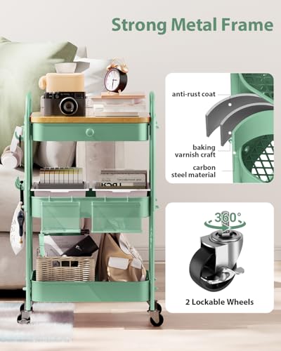 ALVOROG 3 Tier Metal Rolling Cart with Drawer,Wood Top,Pegboards,Green | Storage Utility Cart with Drawers,Pegboards,Lockable Wheels,Baskets,Hooks for Kitchen,Office,Bedroom,DIY Supplies - color: Green