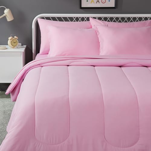 Amazon Basics 7-Piece Soft Microfiber Kid's Bed-in-a-Bag Bedding Set, Full/Queen, Pink, Solid - color: Pink, size: Full/Queen