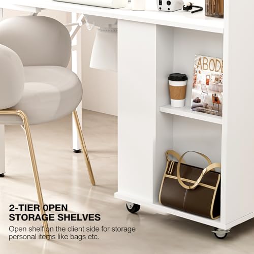Foldable Nail Desk Manicure Table, Folding Nail Table Station for Nail Tech w/Dust Collector, 2 Open Shelves & 2 Drawers, Foldable Manicure Desk w/Wrist Cushion, Lockable Wheels - color: White
