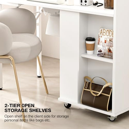 Foldable Nail Desk Manicure Table, Folding Nail Table Station for Nail Tech w/Dust Collector, 2 Open Shelves & 2 Drawers, Foldable Manicure Desk w/Wrist Cushion, Lockable Wheels - color: White
