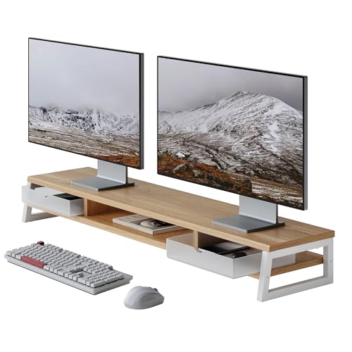 Fenge Dual Monitor Stand Riser, 42.5in Desk Shelf with 2 Drawers, Dark Oak | 2-Tier Monitor Shelf for Desk, Storage Drawer with Stopper, Frosted, fit Home Office, Ultrawide Screen, PC, Laptop, TV - color: Dark Oak