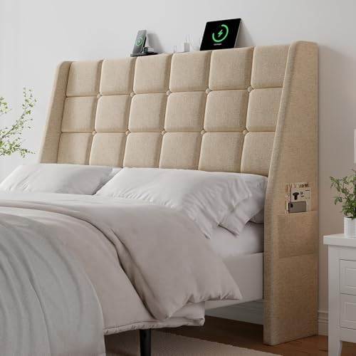 Ergonomic Upholstered Full Size Headboard w/Charging Station, Linen Wingback Headboards w/Storage Pocket, Full Headboard Only, Bed Frame Adapters, Sturdy Solid Wood Bed Head Board, Beige - color: Beige, size: Full